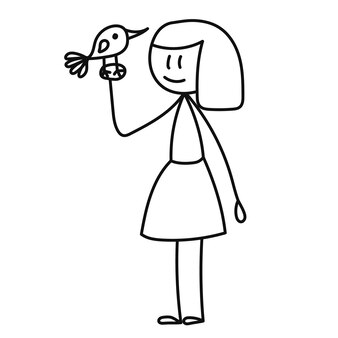 Cartoon stok figuur meisje en vogel, geïsoleerd
