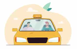 Gratis vector cartoon taxichauffeur in gesprek met passagier achter voorruit