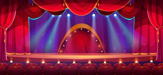 Gratis vector cartoon theaterpodium met rode gordijnen, schijnwerpers en rijen lege stoelen vectorillustratie van concertzaal interieur houten scène met fluwelen gordijnen verlicht met schijnwerpers nachtshow