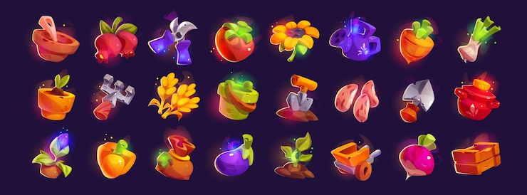 Gratis Vector cartoon tuingereedschap en groenteoogst set geïsoleerd op achtergrond vectorillustratie van boerderij spel activa zak hark houten krat graan plant spruit zonnebloem bonen aubergine wortel