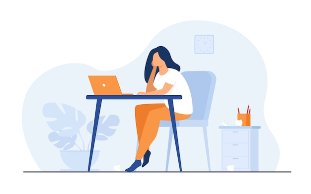 Gratis vector cartoon uitgeput vrouw zitten en tafel en werken