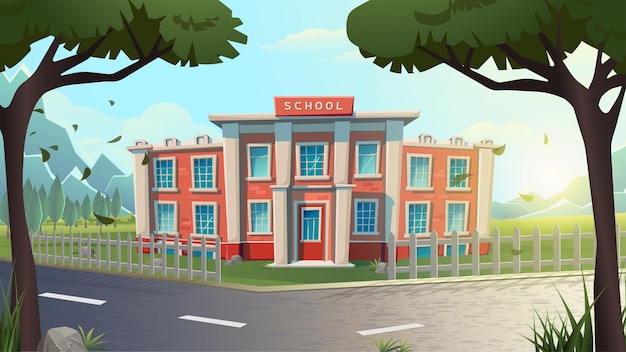 Cartoon vectorillustratie. Schoolgebouw op een groen gazon en weg tussen bomen. Educalion en l