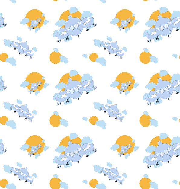 Cartoon vliegtuig naadloze baby patroon met zon en wolken lichte kleur achtergrond vectorillustratie