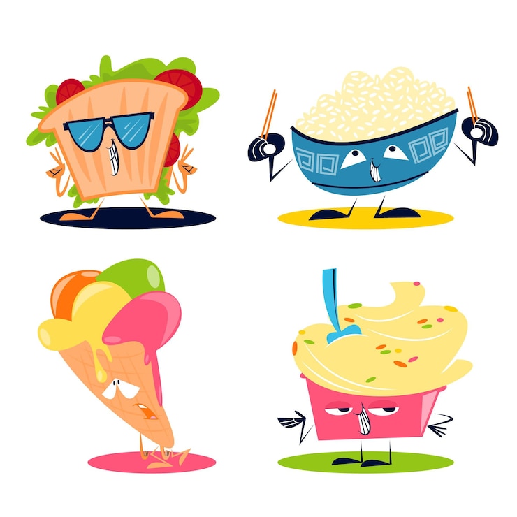 Gratis Vector cartoon voedsel stickers collectie