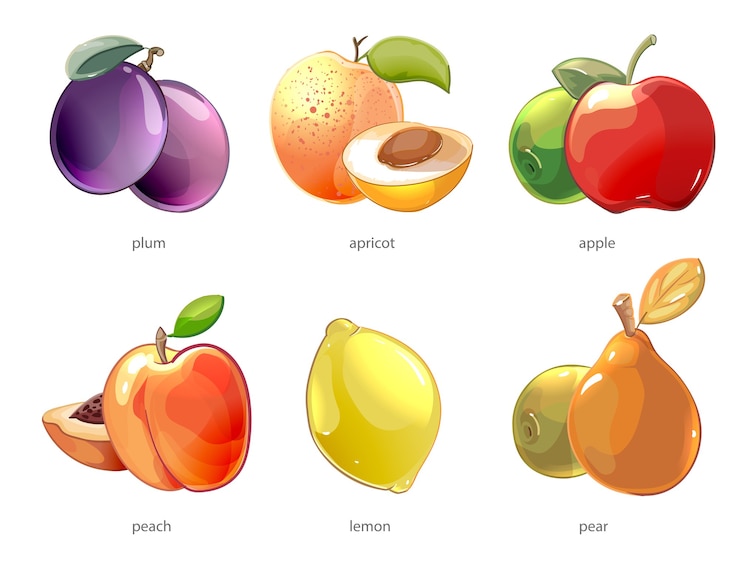 Gratis Vector cartoon vruchten vector iconen set. appel en citroen, perzik en peer, abrikoos en pruim illustratie