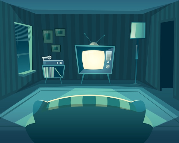 cartoon woonkamer &#39;s nachts. Vooraanzicht van bank naar tv, vinylspeler.