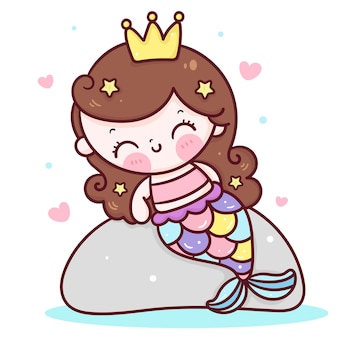 Cartoon zeemeermin prinses zit op de kawaiistijl van de rots