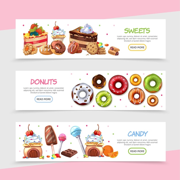 Cartoon zoete producten horizontale banners met heldere snoepjes taarten ijs chocoladereep