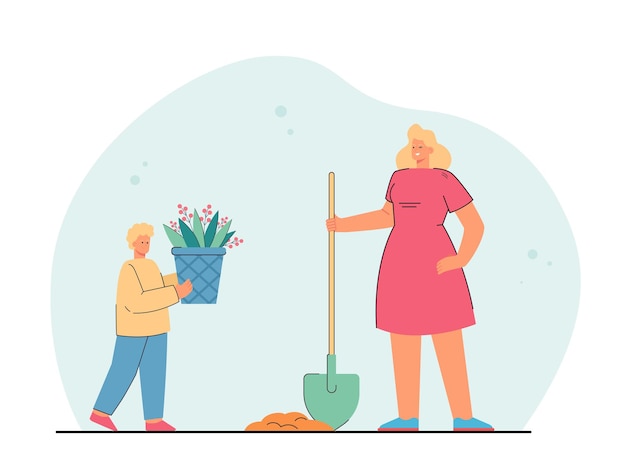 Cartoon zoon met potplant en moeder met schop. Vrouw en jongen planten samen bloemen in de tuin, vlakke afbeelding