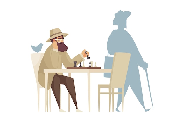 Gratis vector cartooncompositie met eenzame man die alleen schaakt