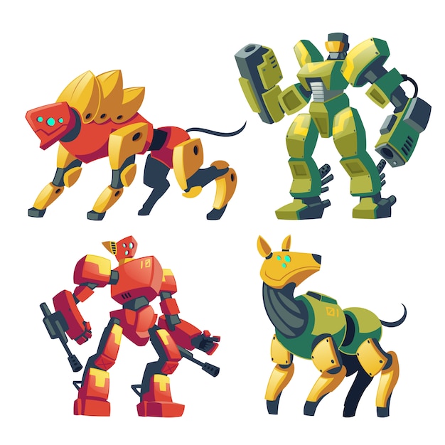 cartoongevechtsrobots en mechanische honden. Vecht tegen androïden met kunstmatige intelligentie