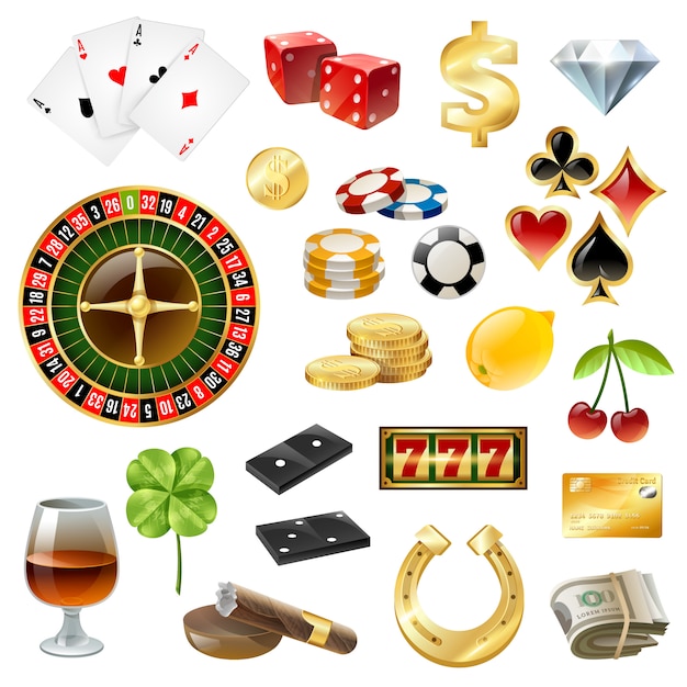 Gratis vector casino-apparatuur symbolen accessoires glanzende set