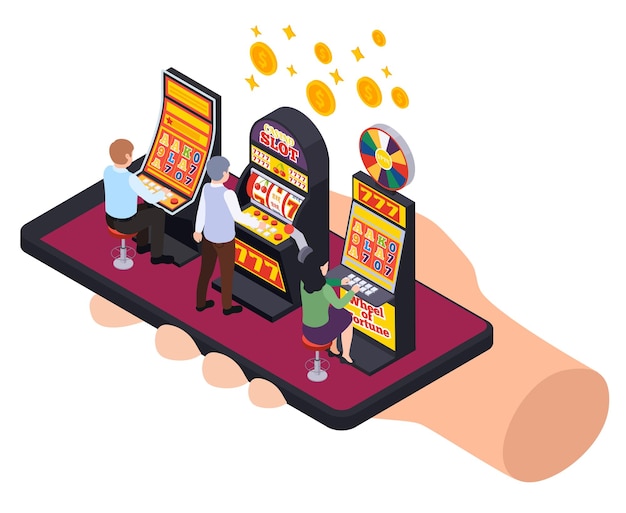 Gratis vector casino isometrische samenstelling met gokautomatenmunten en spelers bovenop smartphone in menselijke hand vectorillustratie