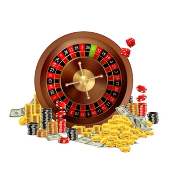 Casino realistisch ontwerpconcept met roulette wiel chips gouden munten en dollar bankbiljetten illustratie