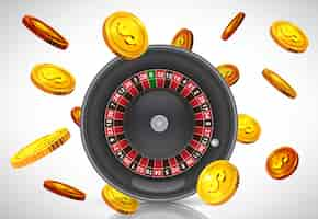 Gratis vector casino roulette en vliegende gouden munten. casino bedrijfsreclame