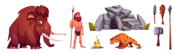 Gratis vector cave man prehistorische primitieve persoon in het stenen tijdperk