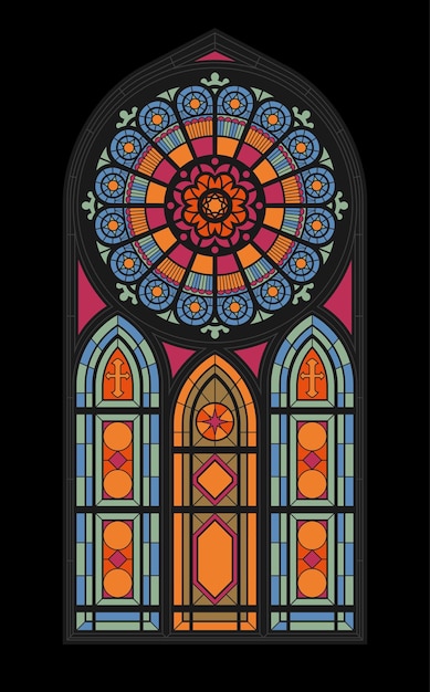 Gratis vector centrale verticale glas-in-loodmozaïek van de gotische kerk platte vectorillustratie