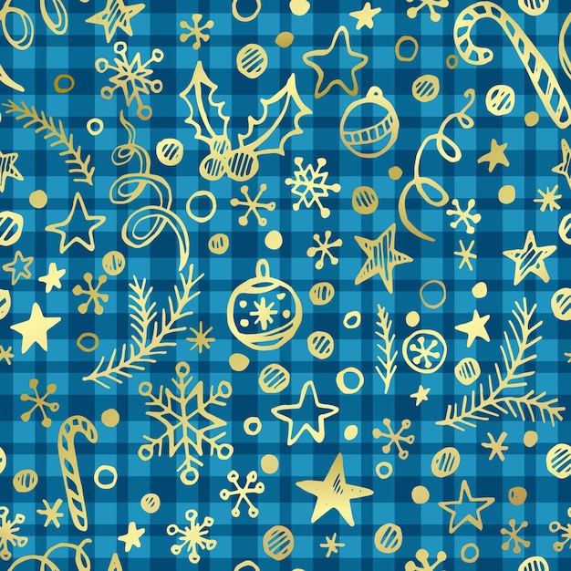 Cgristmas geruit naadloos patroon met gouden decoratie. vectorillustratie eps 10