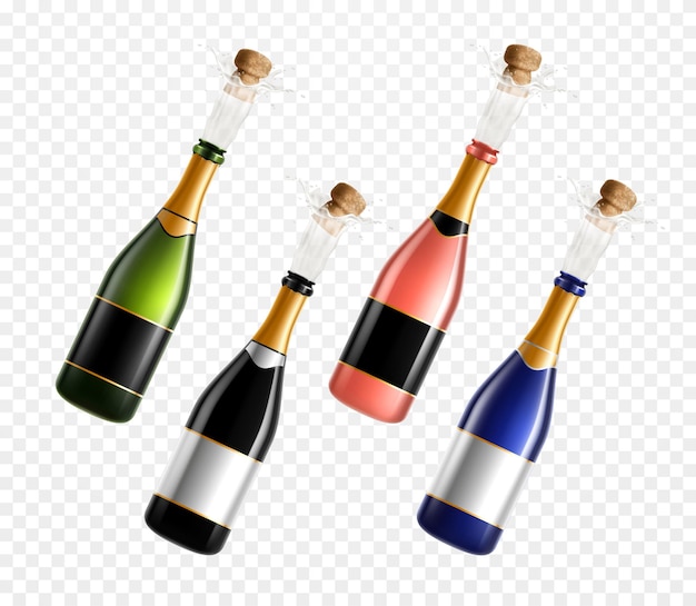 Gratis vector champagneflessen met knallende kurken realistische set geïsoleerd op transparant oppervlak