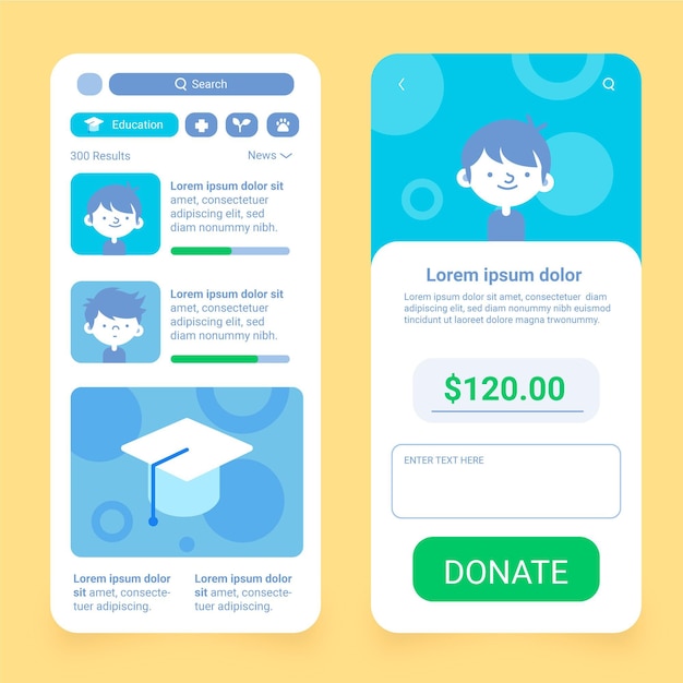 Gratis vector charity app-schermen