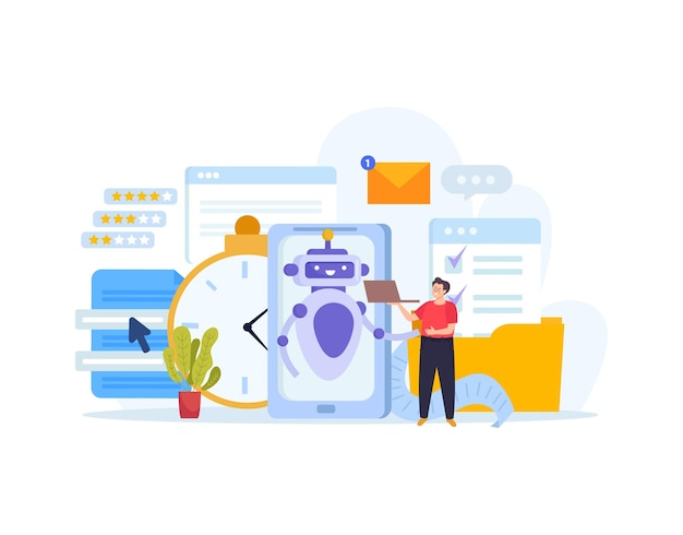 Gratis vector chatbot online klantenservice platte concept met man chatten met bot vectorillustratie