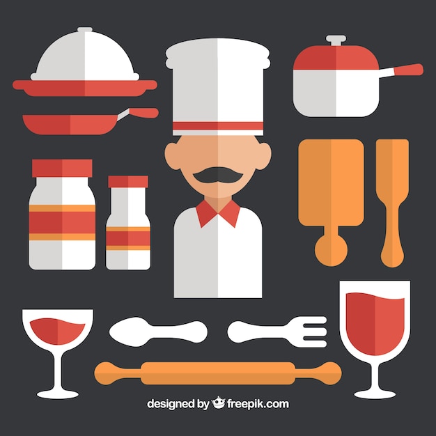 Gratis vector chef-collectie met keukengerei in platte vormgeving