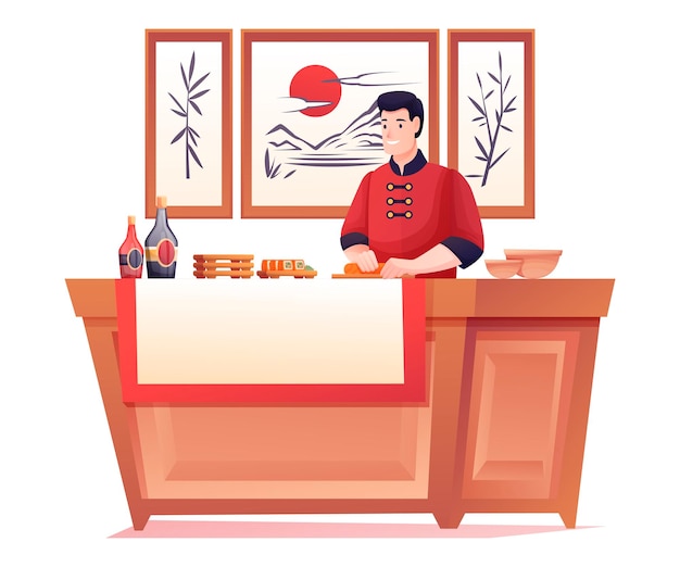Chef-kok die sushi kookt in japans restaurant aziatische traditionele keuken in modern interieur met schilderijen aan de muur