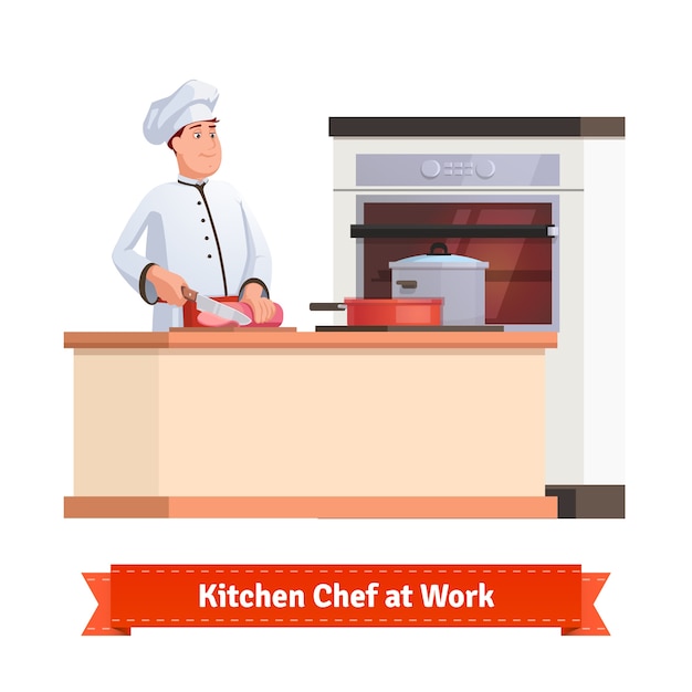 Gratis vector chef-kok knippen vlees met een mes aan de tafel