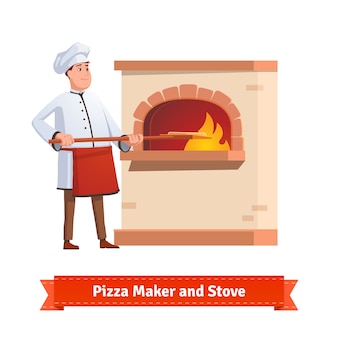 Chef-kok kokende pizza in een stenen oven