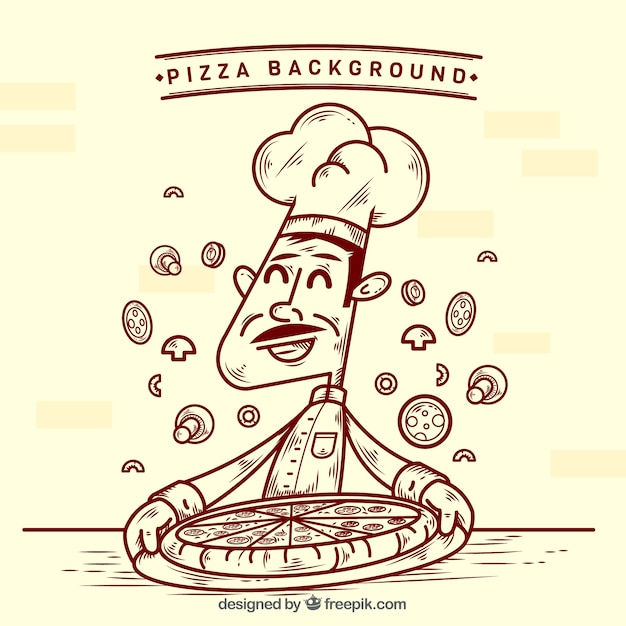 Gratis vector chef-kok met pizza schets achtergrond