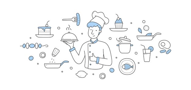 Chef-kok met schotel onder cloche deksel restaurant gastvrijheid doodle concept Cafe spullen mannelijk karakter slijtage toque en uniform uitvoeren smakelijke keuken maaltijd professioneel koken lineaire vectorillustratie
