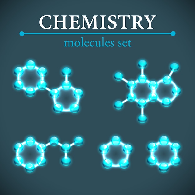 Gratis vector chemie concept blauwe glanzende moleculen decoratieve pictogrammen instellen geïsoleerd