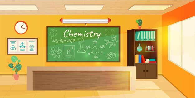 Chemie klasse interieur moderne kamer met groene schoolbord scherm boekenkast met boeken en bindmiddelen bureau bord met informatievensters