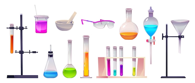 Gratis vector chemische laboratoriumapparatuur geïsoleerd op witte achtergrond vector cartoon illustratie van lab glaswerk met kleurrijke vloeibare stoffen glas kolf testbuis houder beker beschermende glazen