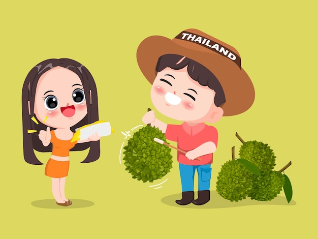 Chibi schattige consument houdt van durian van thailand. product van thailand. monthong koning van fruit.