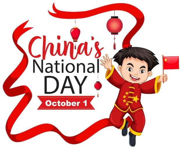 China national day-kaart met een stripfiguur van een chinese jongen