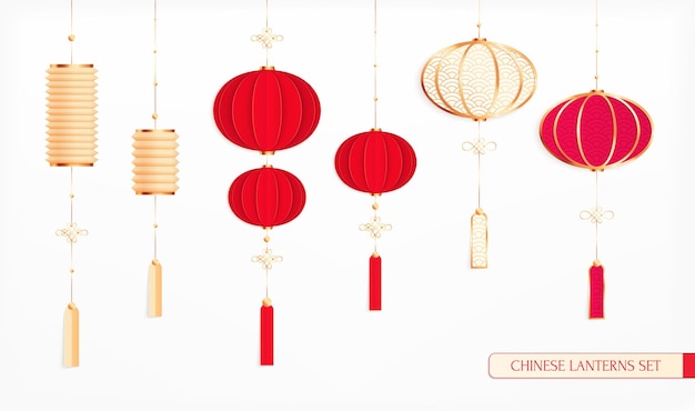 Gratis vector chinees nieuwjaar 2021 set geïsoleerde lantaarnpictogrammen gekleurd in rood en goud met tekst vectorillustratie