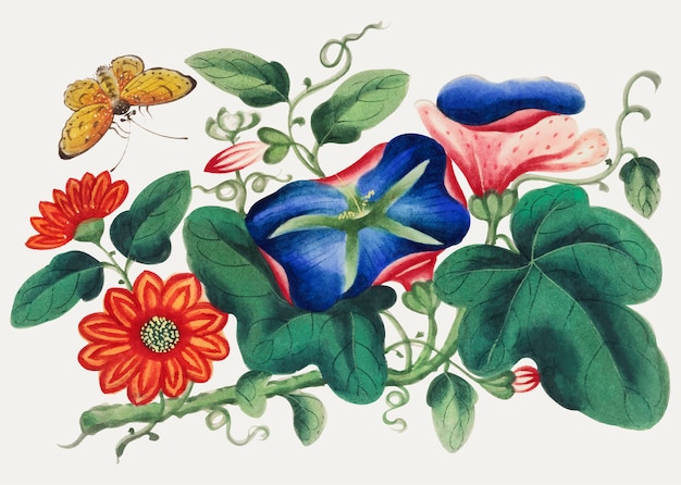 Chinees schilderij met bloemen en vlinder.