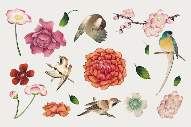 Chinese bloemen- en vogelvectorset, remix van kunstwerken van Zhang Ruoai