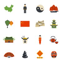 Gratis vector chinese cultuur symbolen vlakke pictogrammen instellen