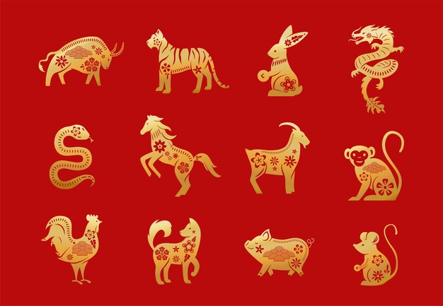 Chinese dierenriem dieren. Twaalf Aziatische nieuwe jaar gouden karakters geplaatst geïsoleerd