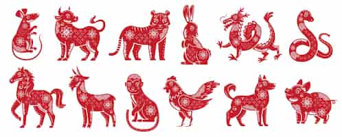 Gratis vector chinese dierenriem nieuwjaarstekens. traditionele china horoscoop dieren, rode zodiacs silhouet
