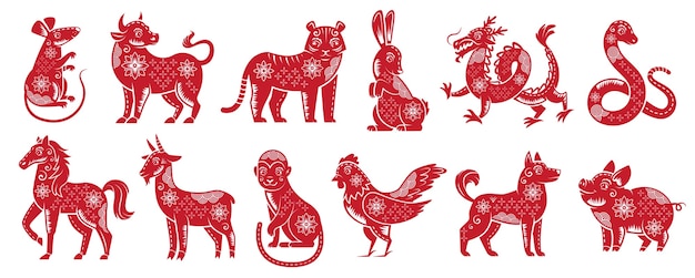 Chinese dierenriem Nieuwjaarstekens. Traditionele china horoscoop dieren, rode zodiacs silhouet