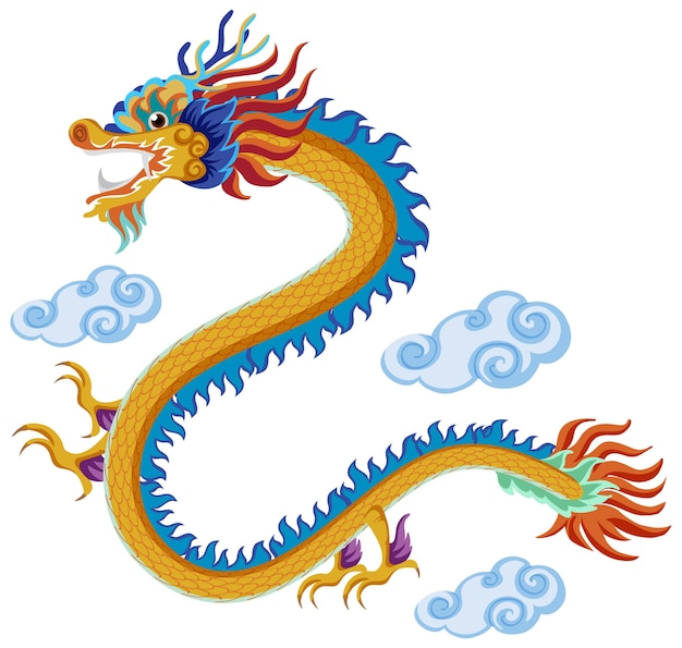 Gratis vector chinese draak die over wolken vliegt die op witte achtergrond worden geïsoleerd