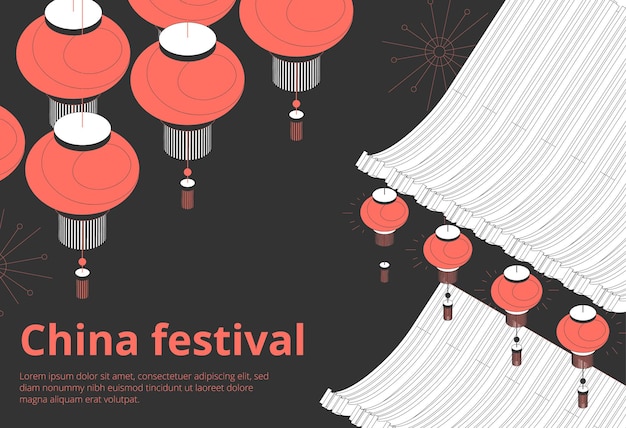 Chinese festival feestdagen evenementen uitnodiging schema aankondigingen zwarte isometrische banner met rode lantaarns