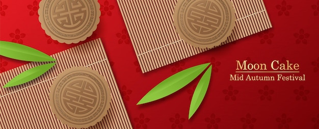 Chinese maancakes op bamboematten en bamboebladeren op pruimbloemenpatroon Premium Vector