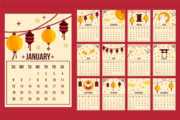 Gratis vector chinese nieuwe jaarkalender in plat ontwerp