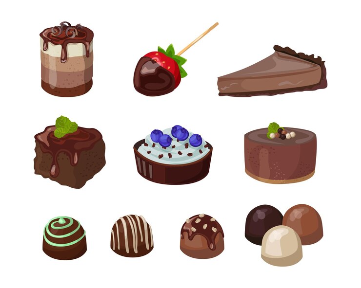 Gratis Vector chocolade desserts instellen. vectorillustraties van zoet eten en snacks. cartoon ronde of vierkante taarten en koekjes, aardbei met ganache geïsoleerd op wit. zoetwaren, banketbakkerij menu concept