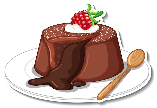 Chocolade lava cake met frambozen sticker geïsoleerd op een witte achtergrond