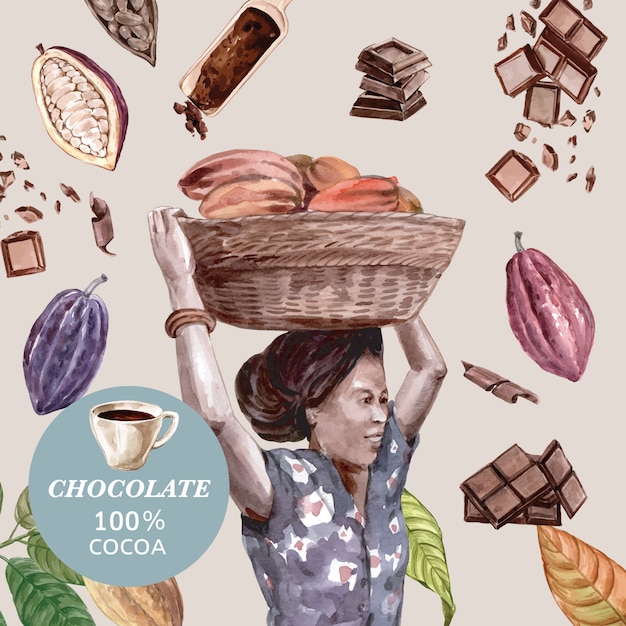 Chocolade met vrouw oogsten cacao aquarel ingrediënten, chocolade, illustratie maken